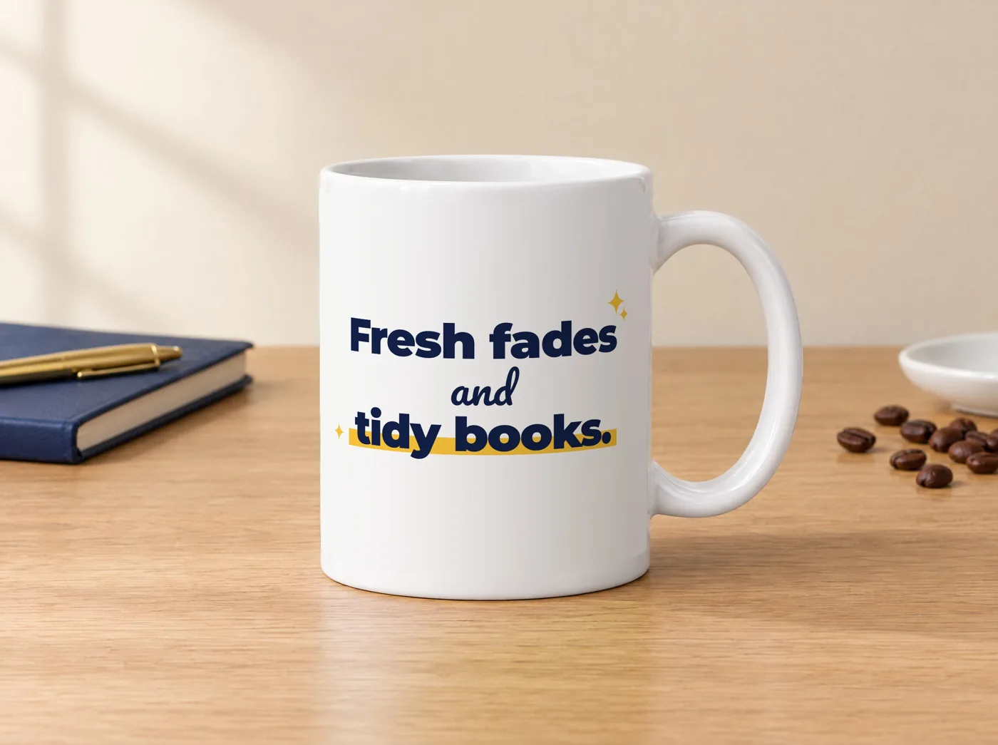 Barber coffee mug, white ceramic, front: "Fresh fades and tidy books."