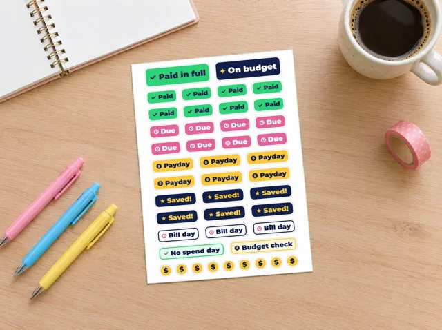 Bill and Budget Planner Stickers: kiss-cut sticker sheet on a desk