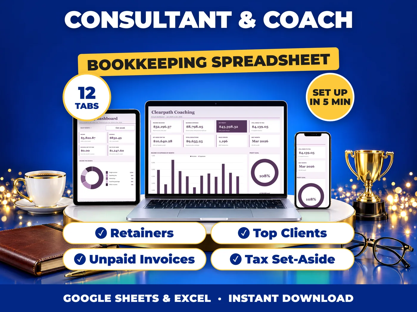 Consultant & Coach bookkeeping spreadsheet for Google Sheets and Excel on laptop, tablet and phone