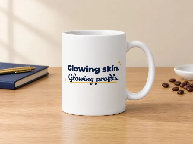 Esthetician coffee mug, white ceramic, front: "Glowing skin. Glowing profits."