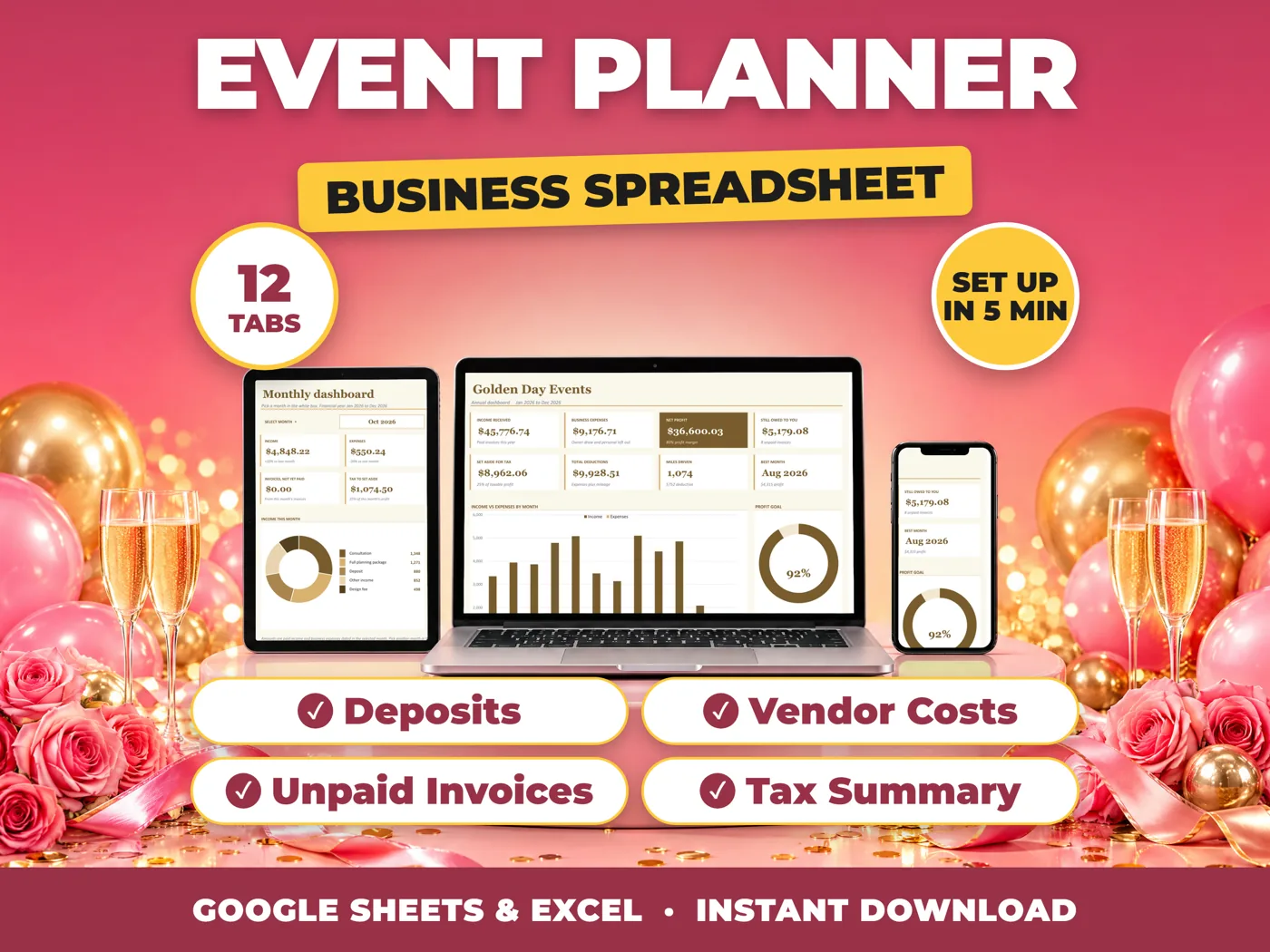 Event Planner bookkeeping spreadsheet for Google Sheets and Excel on laptop, tablet and phone