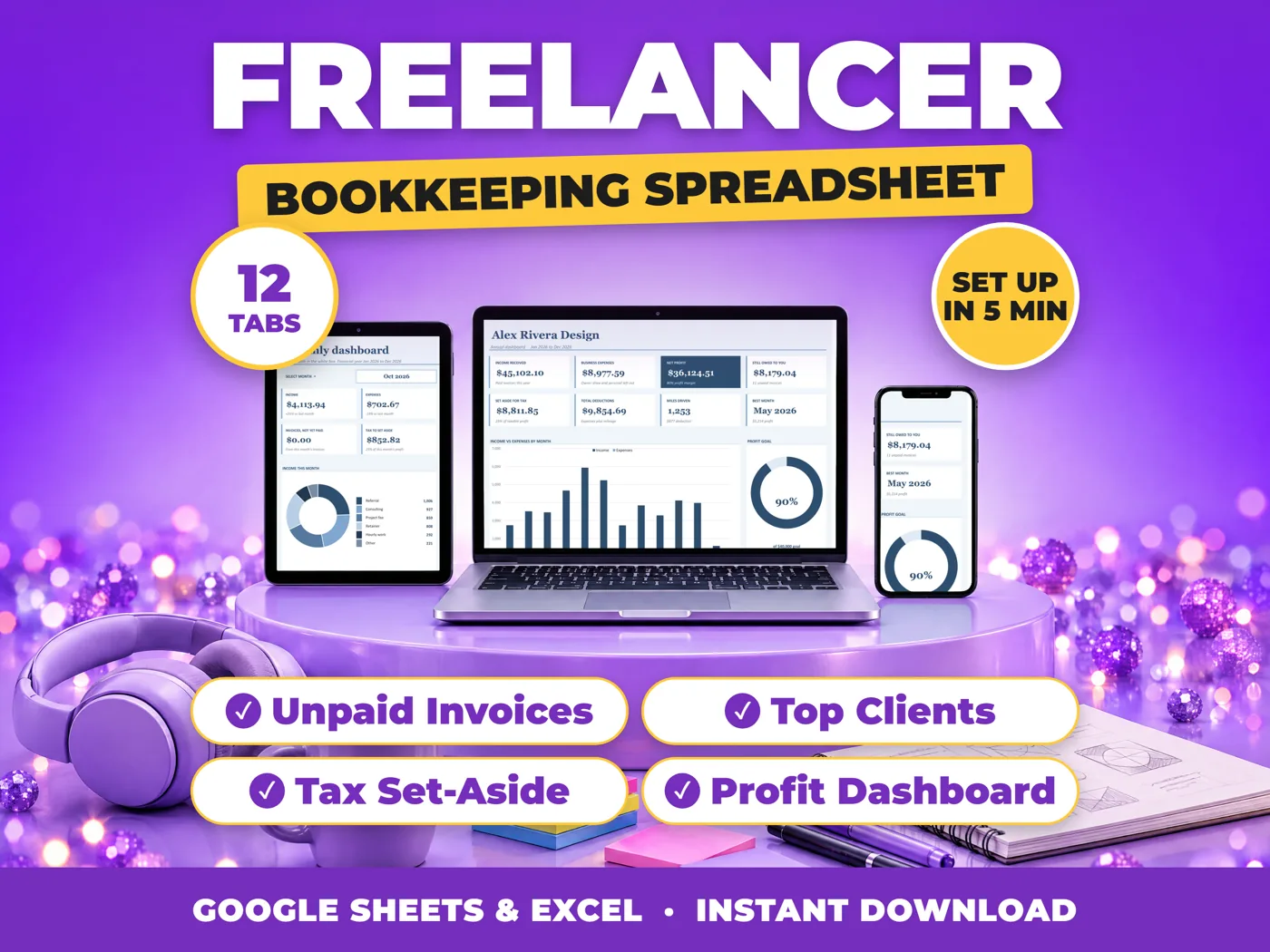 Freelancer bookkeeping spreadsheet for Google Sheets and Excel on laptop, tablet and phone