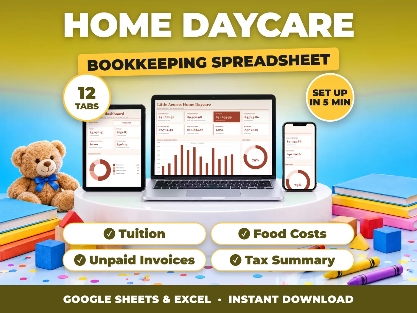 Home Daycare bookkeeping spreadsheet for Google Sheets and Excel on laptop, tablet and phone