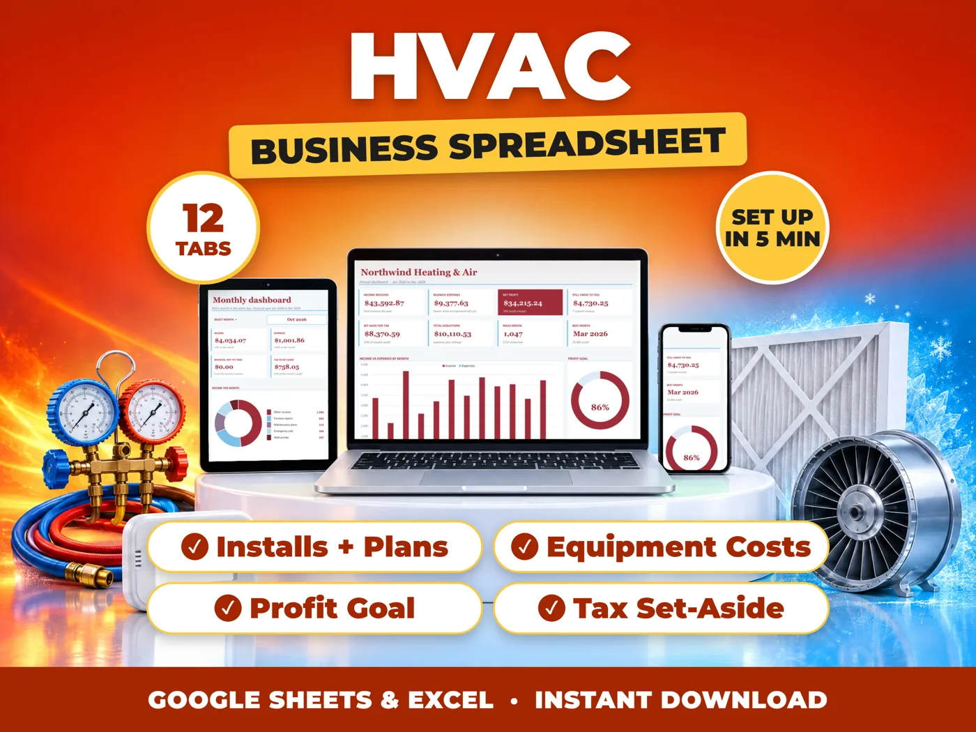 HVAC bookkeeping spreadsheet for Google Sheets and Excel on laptop, tablet and phone