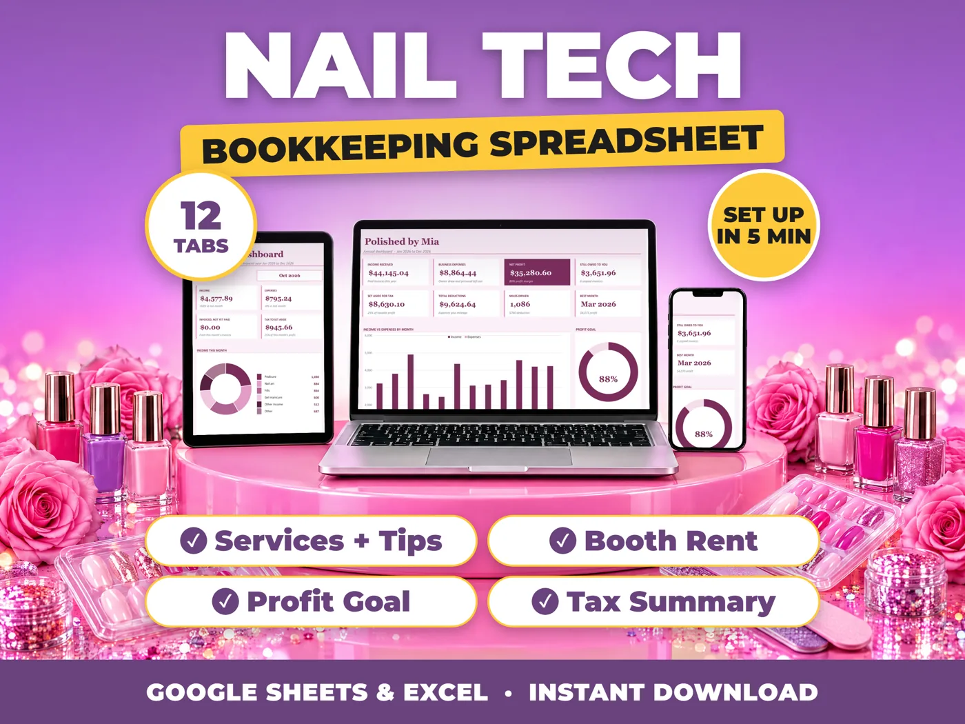 Nail Tech bookkeeping spreadsheet for Google Sheets and Excel on laptop, tablet and phone