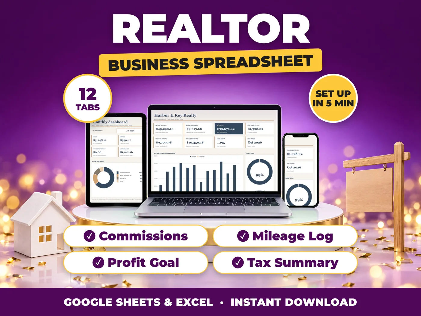 Realtor bookkeeping spreadsheet for Google Sheets and Excel on laptop, tablet and phone