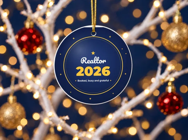 Realtor 2026 round ceramic Christmas ornament on a gold cord