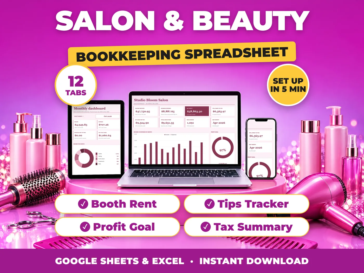 Salon & Beauty bookkeeping spreadsheet for Google Sheets and Excel on laptop, tablet and phone
