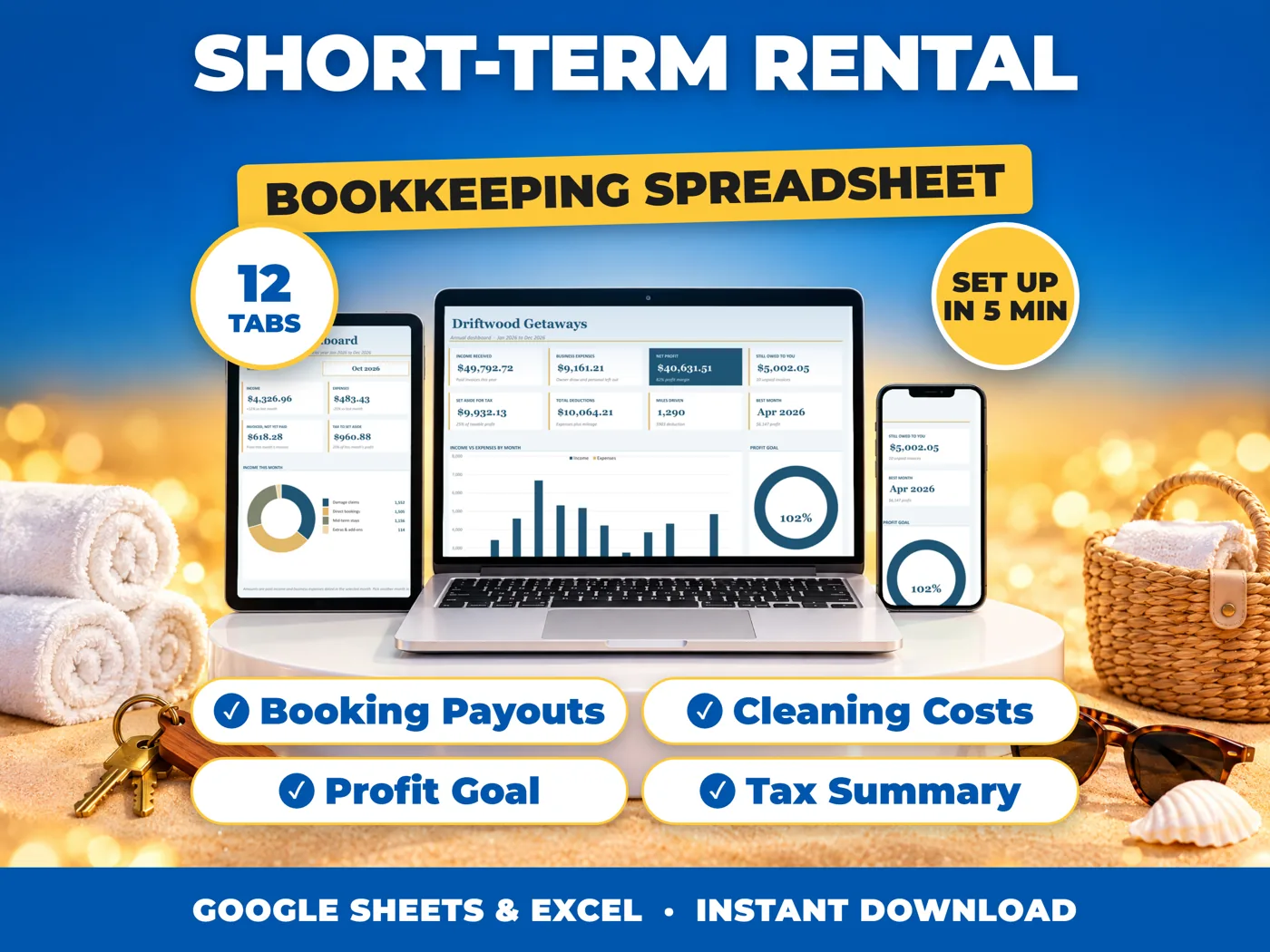 Short-Term Rental bookkeeping spreadsheet for Google Sheets and Excel on laptop, tablet and phone
