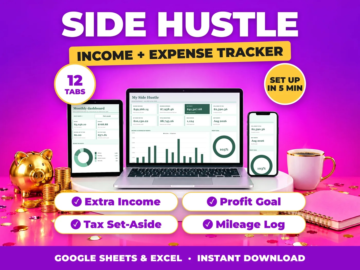 Side Hustle bookkeeping spreadsheet for Google Sheets and Excel on laptop, tablet and phone
