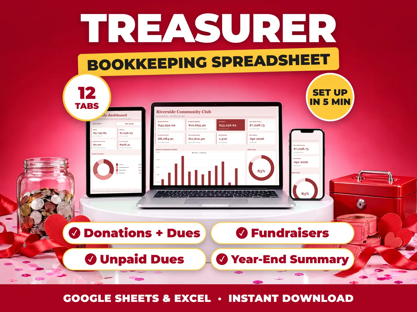 Treasurer bookkeeping spreadsheet for Google Sheets and Excel on laptop, tablet and phone